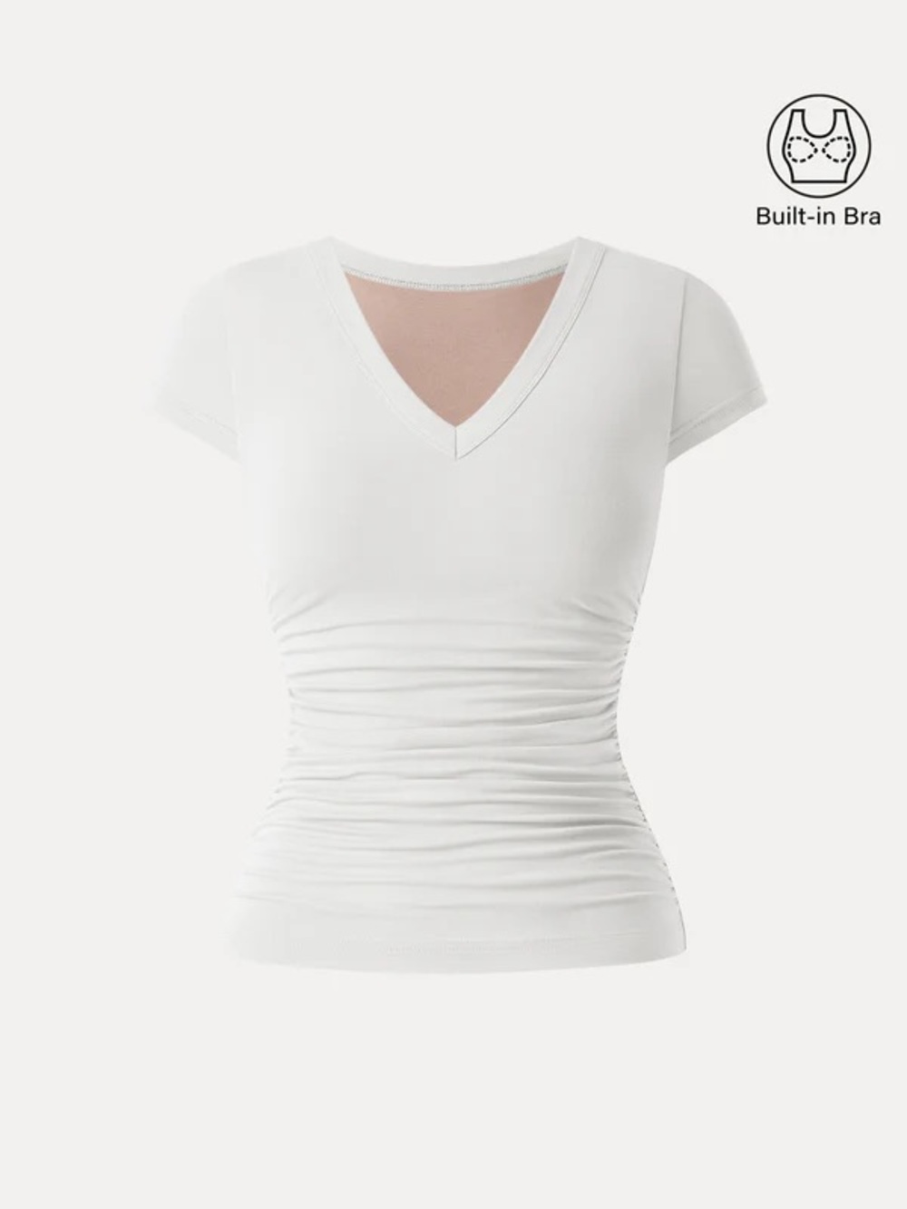 NWT OGL Eco-SkinKiss® Elevated V-neck Side Ruched Cap Sleeve Bra Tee in white